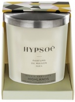 Hypsoé scented candles presented in a white frosted glass with a brushed aluminium lid. Cardboard box with the Hypsoé colors (yellow, black, ping, grey) Frangrance : highlands