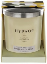 Hypsoé scented candles presented in a white frosted glass with a brushed aluminium lid. Cardboard box with the Hypsoé colors (yellow, black, ping, grey) Frangrance : madame claude